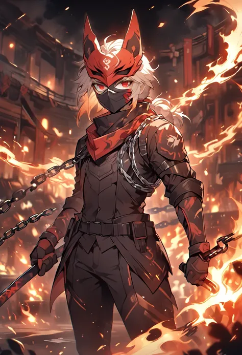 masked ninja, black clothes suit, red eyes, thin body, chains of fire around him, high definition 8k