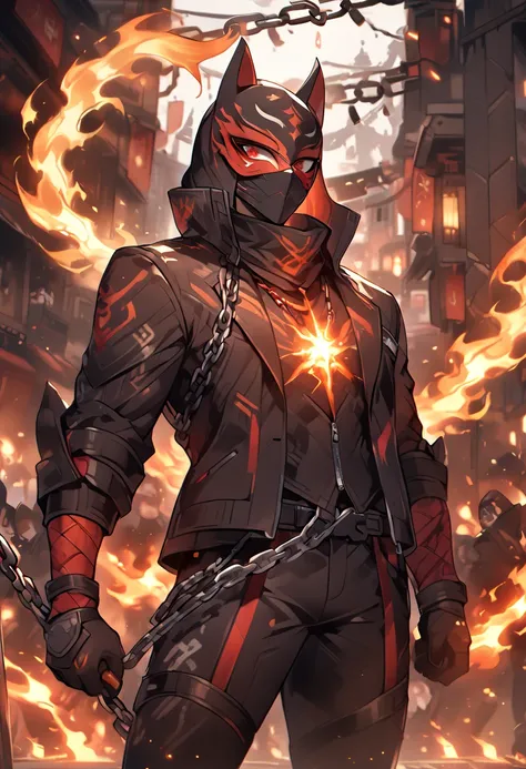 masked ninja, black clothes suit, red eyes, thin body, chains of fire around him, high definition 8k