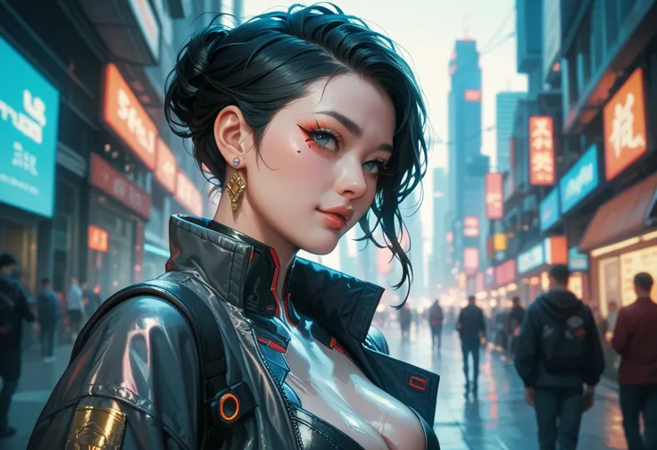  An 18-year-old girl, on-korean, game developer, with cyberpunk clothes and black hair
