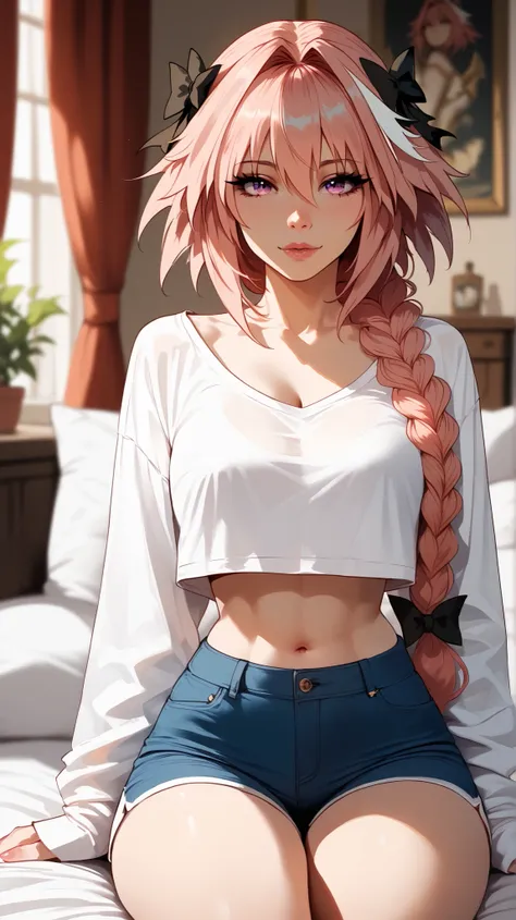 Astolfo style,  perfect eyes,  perfectly sexy face, ultra detailed,  ultra perfect eyes ,  big beautiful woman , sitting, dark blue shorts, Body,  looking at the spectator ,