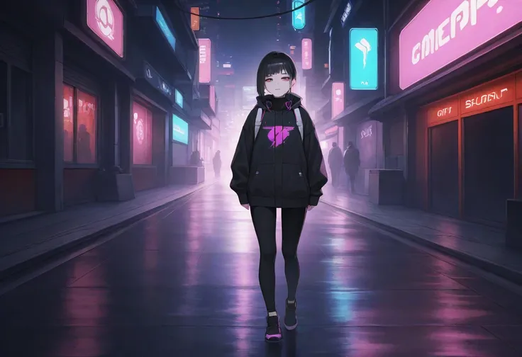  An 18-year-old girl, on-korean, game developer, with cyberpunk clothes and black hair.  full body .
