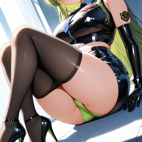 black latex policewoman　 latex gloves　　fluorescent yellow-green panties　 pin heels　 black tights　 Latex Tight Skirt 