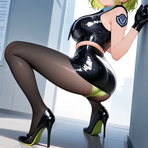 black latex policewoman　 latex gloves　　fluorescent yellow-green panties　 pin heels　 black tights　 Latex Tight Skirt 