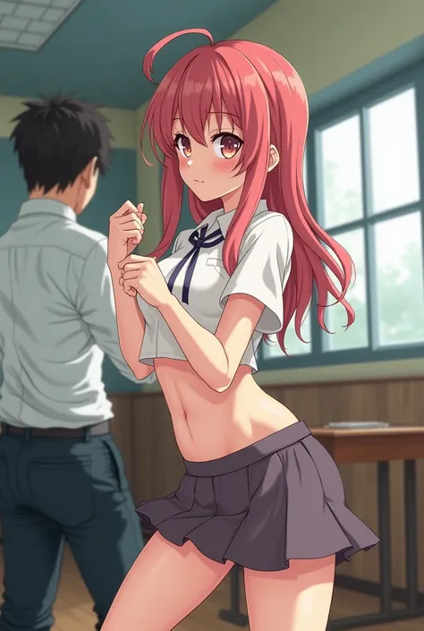 A female anime character with no clothes on her face and is getting her pussy kicked out by a man at school 