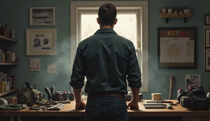 A man with his back prepper in front of a table looking at various everyday carry equipment