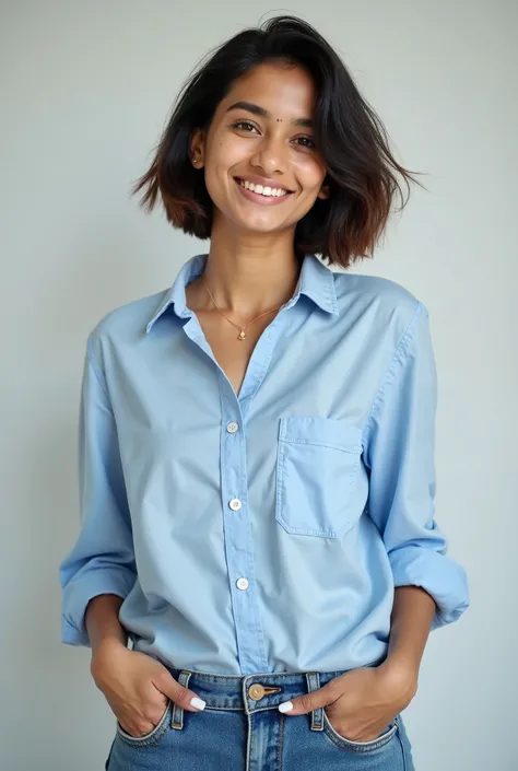 20 years old short leyard hair cut girl.she is sri lankan girl.wearing denim jeans with light blue colour shirt  profesinal casual outfits
