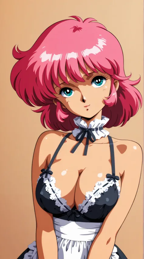 best quality, illustrator anime, style retro classic, big breast momiji, cleavage, pink hair, teal eyes, maid lingerie,
