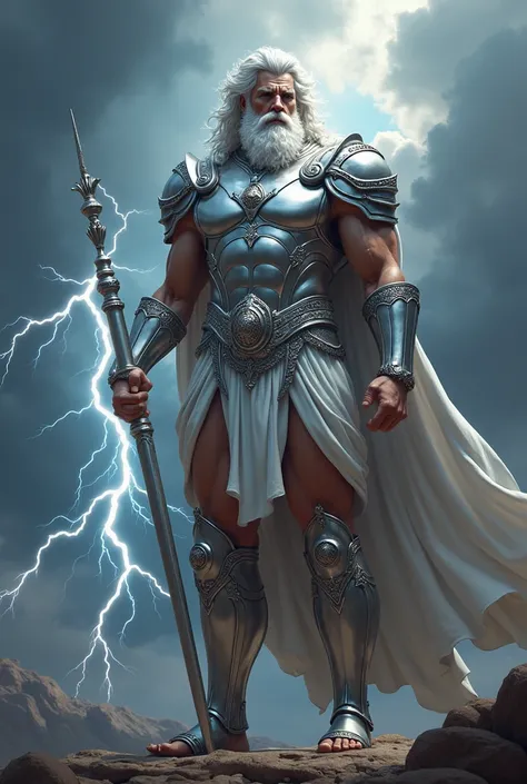 Zues holds a lightning, skinny, silver armor, shoes, beautiful beard