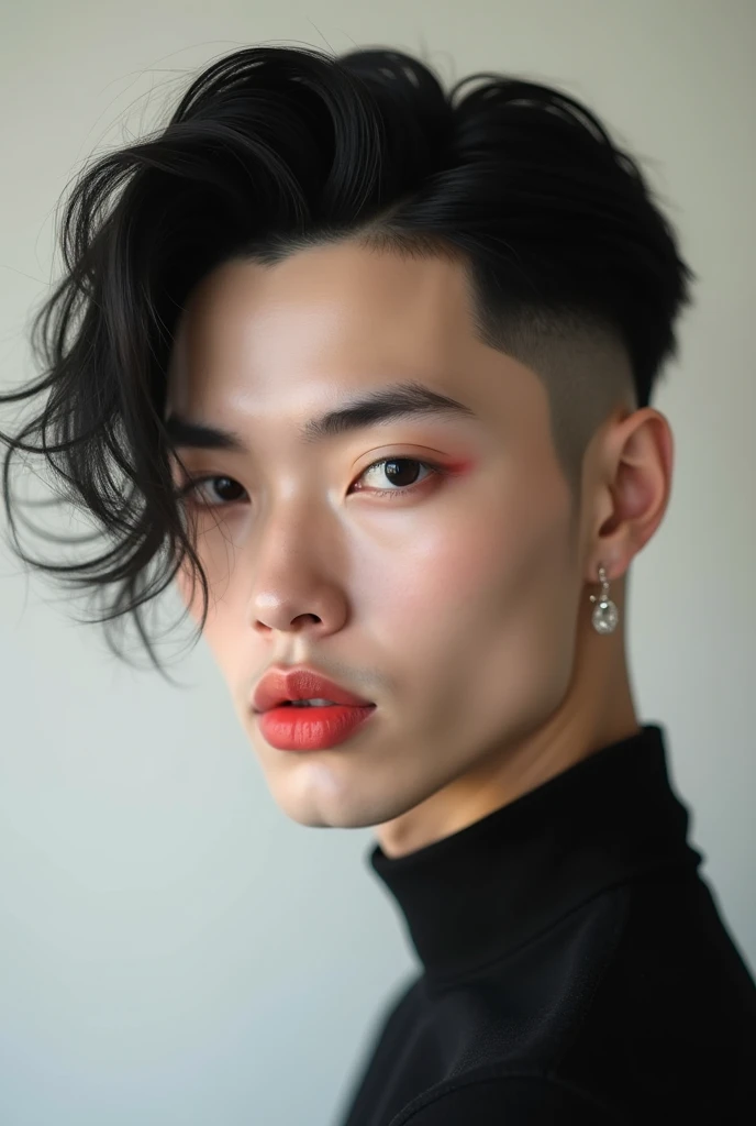 imagine a handsome man with a natural clear white skin, side swept undercut hair, monolid dark ryes, aquiline nose and strawberry red lips