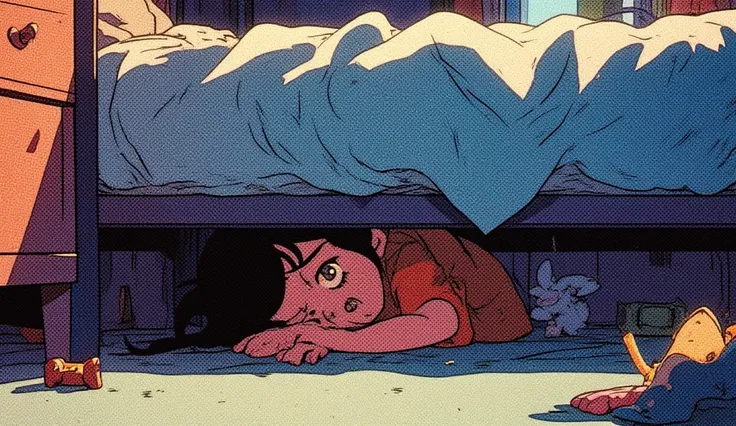 One hiding under the bed crying, cartoon style 80s