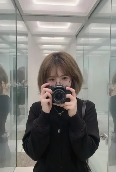 Create a picture of a girl taking a picture of herself in glass using an HP, her face is beautiful , wear glasses, Her hair is short, rather soft, his nature is tomboy and his clothes are black