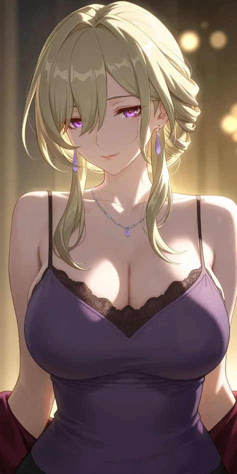 masterpiece, best quality, mature woman, milf, blonde hair, chignon hair, camisole, honkai: star rail cg style, upper body, dynamic lighting, purple dark colour costume 