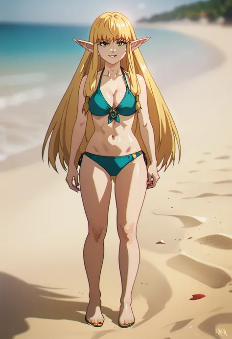 score_9, score_8_up, score_7_up, serie, long hair, blonde hair, pointy ears, yellow eyes, bikini, beach,full body, 1girl, Solo, High Resolution, Masterpiece, Accurate, Anatomically Correct, Best Quality, Award Winning, Detail, High Details, Quality, High Q...