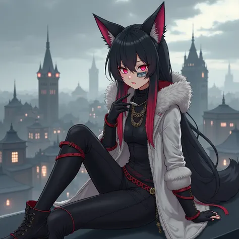 "A tall young girl aged 20-24 with sharp fox ears and one fluffy tail,  sits on the roof of a building in a dark fantasy city .  She has long dark hair with red locks and bright red eyes .  The girl is wearing fully closed clothes in medieval style with el...