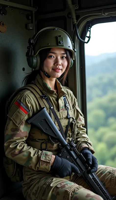 A strikingly beautiful Taiwanese woman in her late 20s, depicted as an elite special forces operative, sits poised inside a tactical military chopper. The helicopter interior is rugged and utilitarian, with exposed metal panels, straps, and gear compartmen...