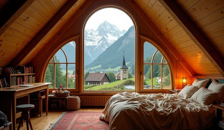 A cozy attic bedroom with slanted ceilings and artistic windows of various shapes and styles, each offering stunning views of a Swiss valley and village below. A large circular window frames the majestic snow-capped Alps, while a series of smaller, arched ...