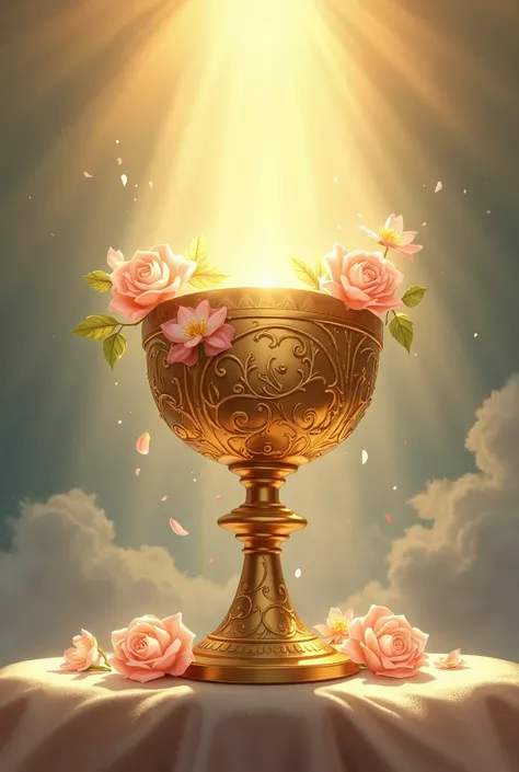 "A high-resolution 4K painting of a sacred chalice inspired by a rose, rendered in a classical, artistic style. The chalice is beautifully crafted from golden metal, with intricate carvings of roses and vines wrapping around it. The petals of the rose are ...