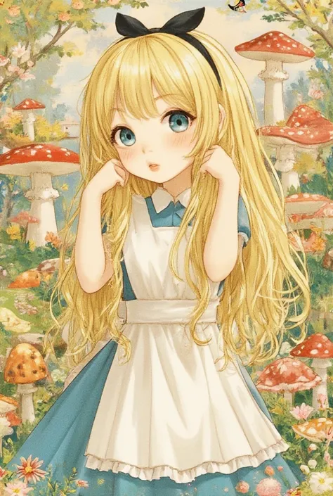  best quality,   super high resolution, illustration style, (( cute middle school girl)),( small tits), Long Golden Hair, blue eyes, Alice in Wonderland ,