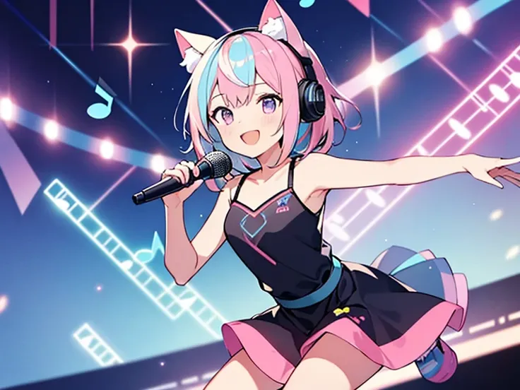 ( pink and light blue:1.5), (( streak hair)), (Highlight Hair), ( one girl outside running), (( purple eyes)), cat ears, I'm wearing clothes with a musical note pattern and headphones ,  microphone in one hand 、I have a penlight in my other hand ,  with mu...