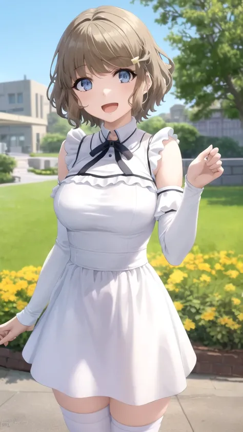 Masterpieces, Best Quality, girl, looking at viewer, tomoekoga, tomoe koga, short hair, brown hair, blue eyes, hair clip, large breasts, white dress, detached sleeves, blue thighhighs, standing, cowboy shot, outdoors, smile, open mouth