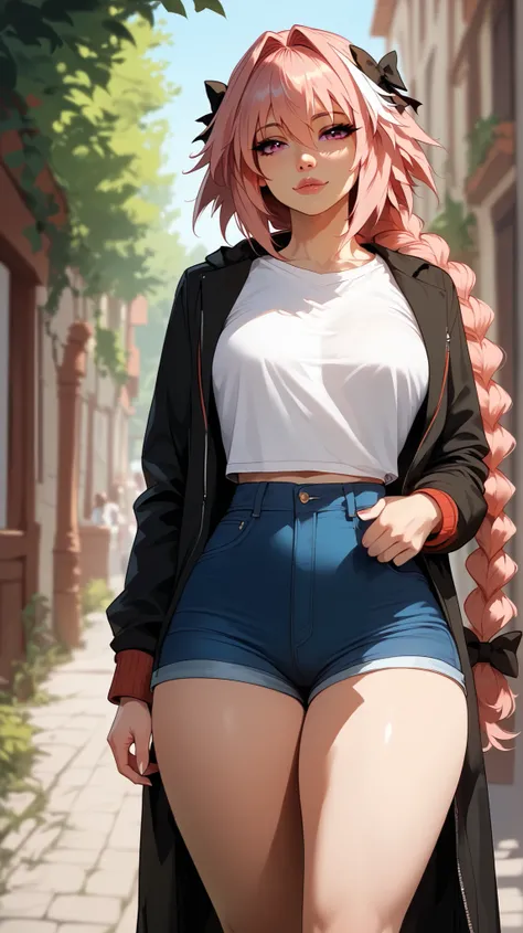 Astolfo style,  perfect eyes,  perfectly sexy face, ultra detailed,  ultra perfect eyes ,  big beautiful woman , standing, dark blue shorts, Body,  looking at the spectator ,