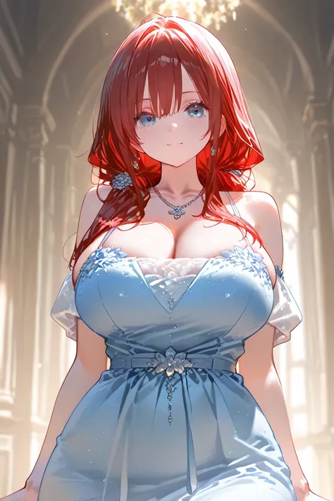 1 girl, single girl, cute, long red hair, light blue eyes, big breasts, big hips, short sequin dress, light blue spring dress with straps and neckline, a silver necklace on the neck