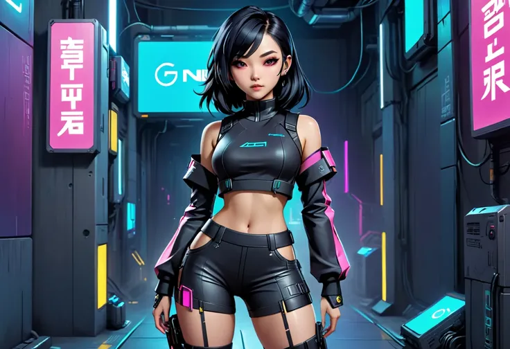  An 18-year-old girl, on-korean, game developer, with cyberpunk clothes and black hair.  full body .
