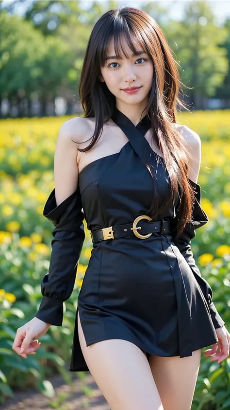 (8k、      RAW photos   、    top quality、masterpiece   :1.2)、(    is present   、    is present   )、1 person、((bangs、 Gold Belted 、  Long Sleeve 、smile、  see-through、black tight dress、 Chest、  miniskirt、 Show your shoulders、Flower Field、 Thin Waist、  boots、w...