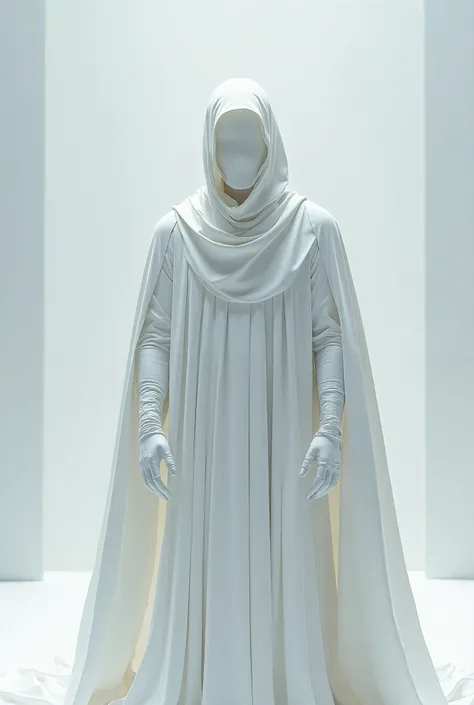 Man wearing a long, completely white outfit with a long white cape, wearing a white white leather glove on each hand and he's wearing a white mask that goes up to his neck 