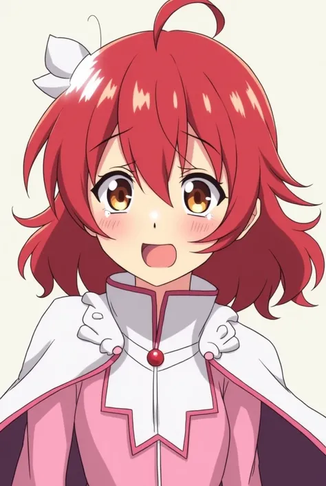  Can you give me an image of a girl in the anime my hero academy .  She's wearing a hero costume , She's a little hurt , She has red hair with a white front tuft on her left side and is crying, His suit is white and pink, She has brown eyes and is crying