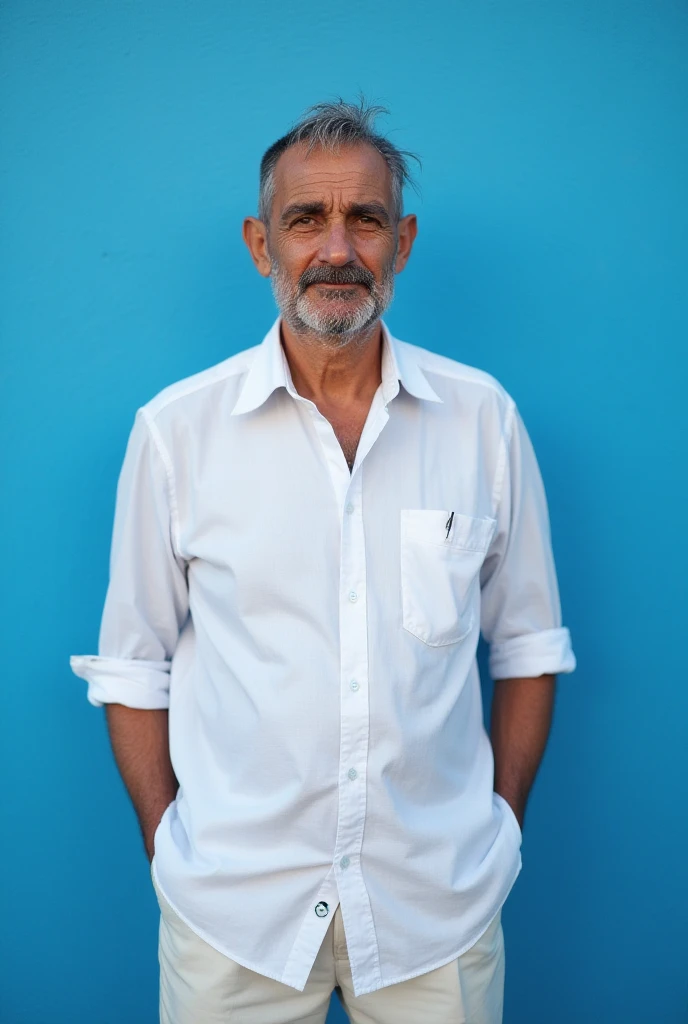 A 55-year-old man stands in front of a blue wall wearing white trousers and a collared shirt and has very little hair on his head. He has a moustache but no beard. Abdullah Gregory, Calligraphy, Portrait Photography, A Character Portrait