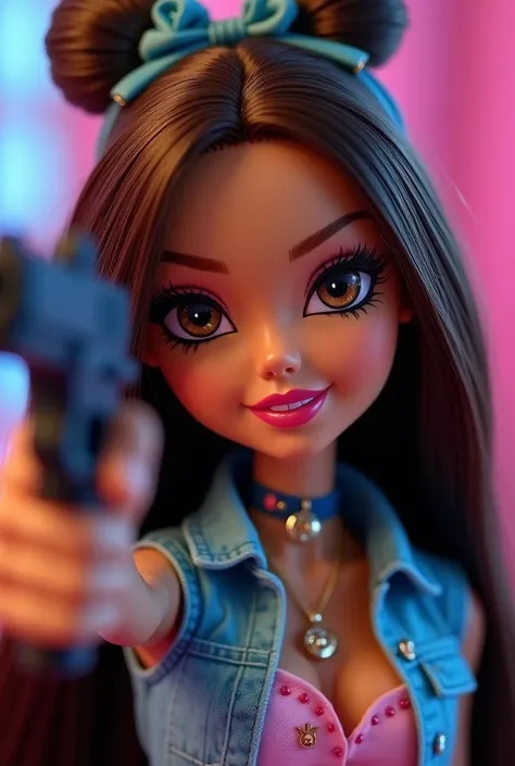  Realistic bratz doll with fair skin ,  dark brown hair ,  with gentle baby liss and brown eyes .  she is at the party with a gun in her raised hand,  smiling with an angry face , With a blue cropped strap , And a bow in her hair ,  a noustril piercing on ...