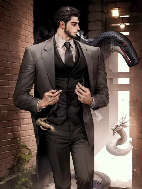  Unmaintained Dubuck hairstyle , Gangster , Untied modern white shirt with no tie and black suit pants,  Cold snake statue , Barking skin , thin lips, Expressionless,  depressing,  Abandoned organization member , Muscular body type, tall,  to smoke ,  bear...