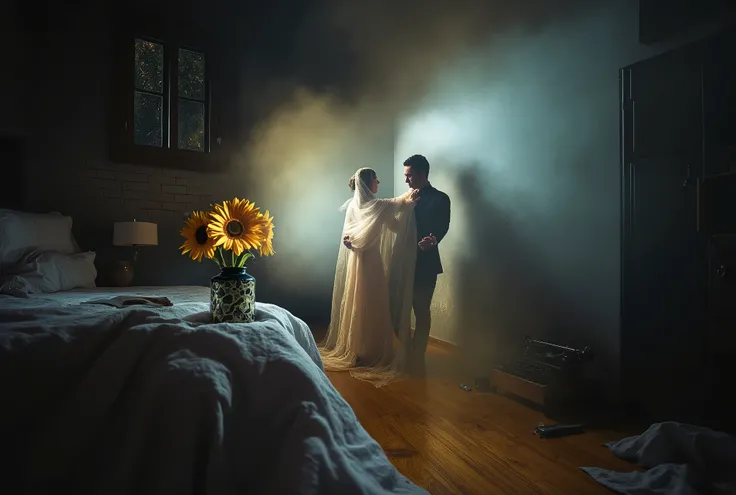 A creative angle perspective reveals a vibrant scene: a glowing ghostly ethereal silhouette woman draped by a bed sheet, she emerges from a canvas to hug a blurry face artist man silhouette holding a sunflower. Fuzziness movement of the two characters. Co...
