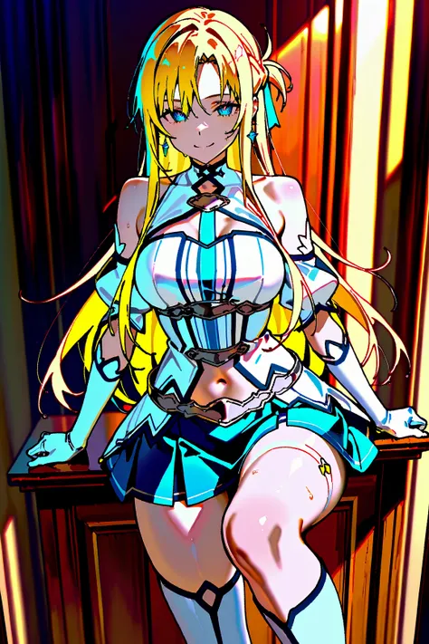 She's taking a naughty pose、 Sword Art Online  、Alone、(((I'm feeling intense sexual pleasure、 naughty expression 、Naughty eyes)))、 Yukiko Aikina、((Long hair with a bright blue color))、Bright blue eyes、(  big eyes:1.1)、  beautiful eyes、  textured skin、 slen...