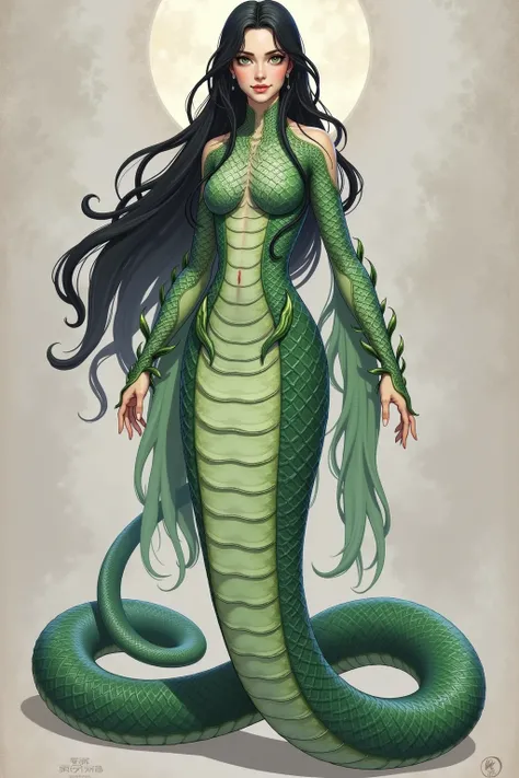 fairy in snakeskin armor, Snake Body,  Passionate Reptile Human Female , long black hair  , Chinese Goddess
