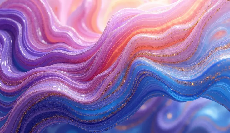 Colorful fluid art: "Swirling fluid patterns with vibrant shades of purple, blue, and gold, creating an organic, liquid-like texture with light reflections, high definition, ultra-realistic with soft lighting."

