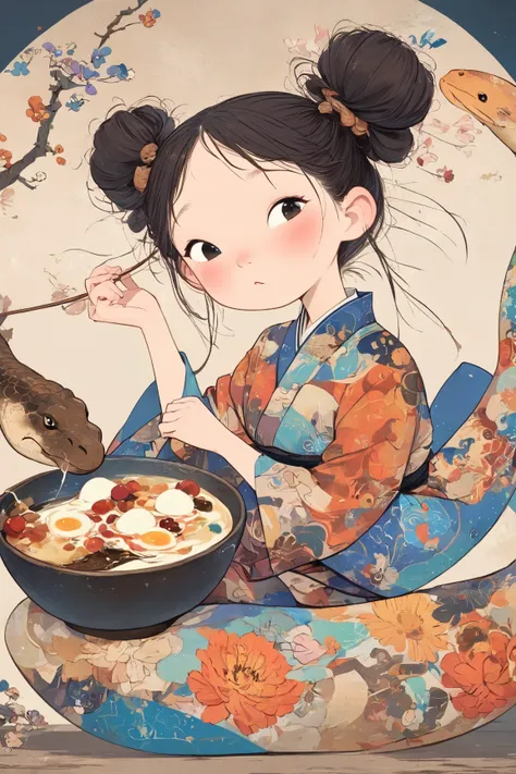   There is a comic picture of a woman sitting on a giant flying snake eating ozoni in a bowl, Stretching Mochi ,歌川芳艶にインスパイアされたanimeイラスト,浮世絵テイストのanime, 日本のanimeスタイル, anime,  painting, プロダクション animeーション セル, anime style, Japanese painting, 日本animeスタイル,  anime...