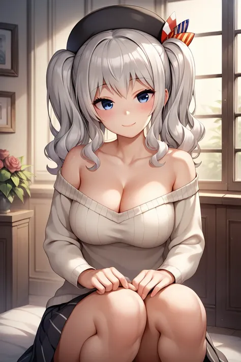  1girl  , alone, masterpiece,best quality, highres icon,highly detailed, kashima, k_hat,black beret,Young, has lowered the outer corner of her eye, cleavage, soft smile,blush, boobs,  sweater that kills a virgin,  miniskirt, open your legs and squat, raise...