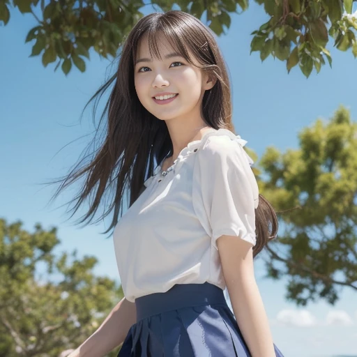 nsfw, (Front view of a woman with her skirt blown up by a strong wind:1.5), perspective from below, wearing a white floral knee-length dress. Her hair is blowing in the wind, she is smiling and having fun. In the background, we can see a calm blue sky with...