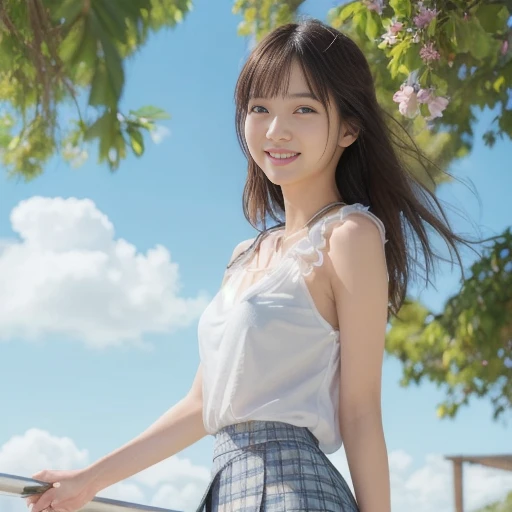 nsfw, (Front view of a woman with her skirt blown up by a strong wind:1.5), perspective from below, wearing a white floral knee-length dress. Her hair is blowing in the wind, she is smiling and having fun. In the background, we can see a calm blue sky with...