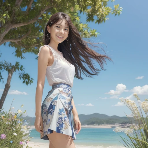 nsfw, (Front view of a woman with her skirt blown up by a strong wind:1.5), perspective from below, wearing a white floral knee-length dress. Her hair is blowing in the wind, she is smiling and having fun. In the background, we can see a calm blue sky with...