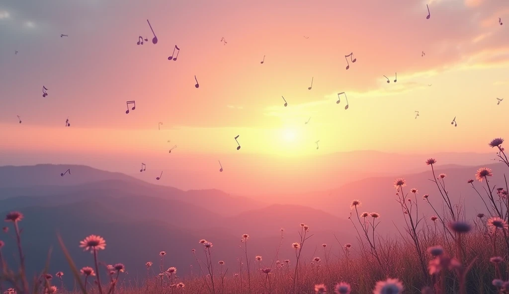 A cinematic, atmospheric album cover showcasing a serene sunrise over a vast, dreamy landscape with rolling hills. Soft golden and lavender hues dominate the sky, blending into pastel pinks and blues. The foreground features silhouettes of tall, delicate w...