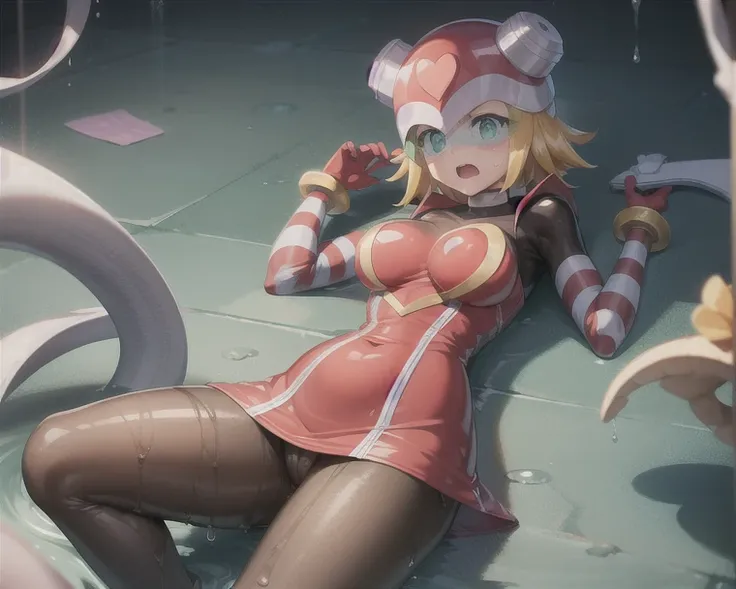 harpnote_megamansf, 1girl, blonde hair, short hair, bodysuit, heart, (helmet), green eyes, looking at viewer, crying, high quality, sad, masterpiece, torn clothes, bodysuit, breasts, large hips, concerned, tears, boobs out, thicc, torn clothes, slime all o...