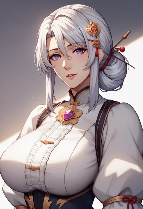 (masterpiece, best quality:1.2)((silver white hair))((violet eyes)),solo,1girl,((eyes tilted outwards)), standing_fox_ears, mature_female,milf,averting_eyes,hair_between_eyes,basic_blue_hairpin,bob_hair, jrpg_outfit, puffy_sleeves