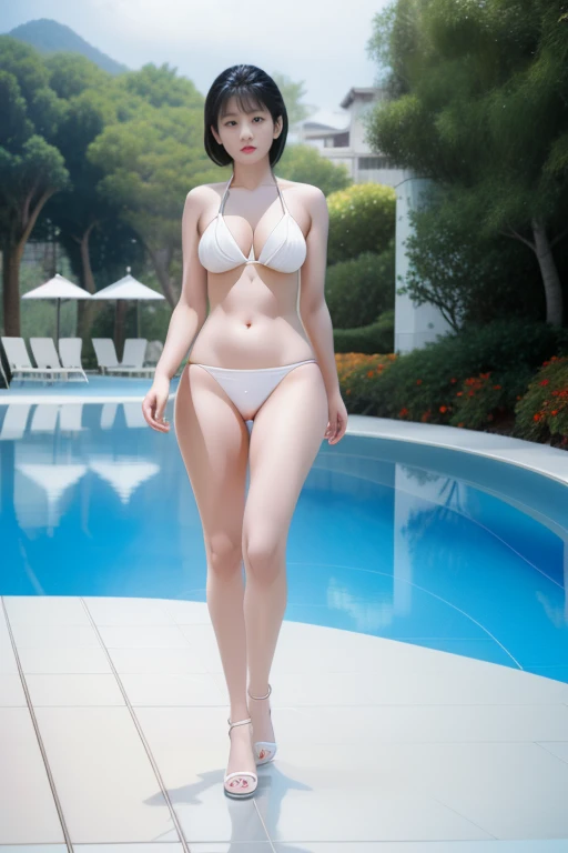 A woman wearing a white bikini walks by the pool,