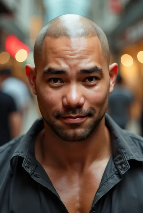  Character Portrait，A strong Asian bear bald young macho，American-style inch ，Round Face，Lips up， face close-up，The background is a shopping mall，Wearing a shirt，