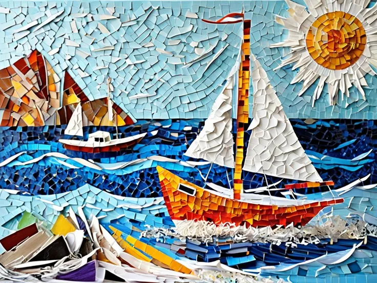  Creates creative abstract art , Like a collage, Shredded paper , a sailboat and a boat,  body masterpiece, HD model, Abstract, Artistic, Mosaic Art, 