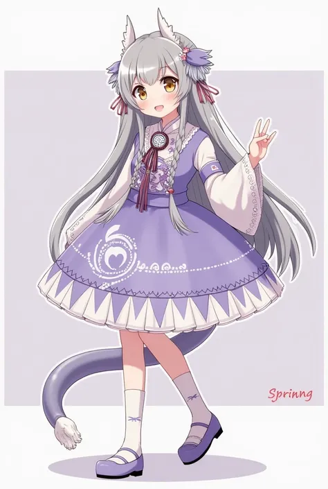  Grey Hemp Braid 、 golden eyes、 with a long white dragon horn on its head 、Long and thick tailbone、 A Pair of Huge Bone Wings 、Tall and thin、 small boobs、 Wearing Purple Chinese Style Lolita Costume、Light Purple Flat Embroidered Shoes、Spring Festival、whole...