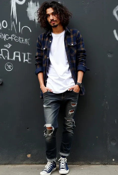  Indonesian man 30 years old ,  clean white , tall skinny posture , ((gondrong hair thin curls long back)),  white nirvana t-shirt ,  plaid black shirt, ripped jeans  ,  in dark blue all star shoes, style rockers, leaning against a black wall in grafity pa...